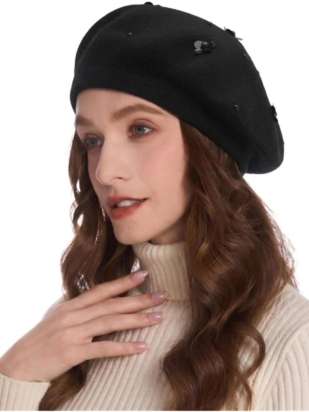 Women's French Beret Hat Reversible Knitted Thickened Warm Cap Paillettes Black